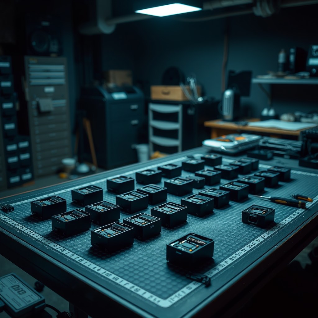 Rows of assembled electronic devices on a production bench